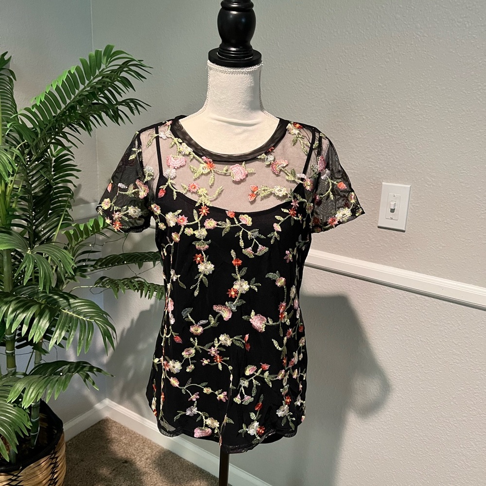 Paradiso Black Sheer Blouse with Floral Embroidery